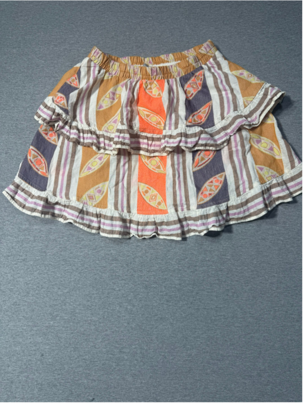 Women's Devotion Twins Mini Skirt Size S Orange White Patterned Ruffle Hem